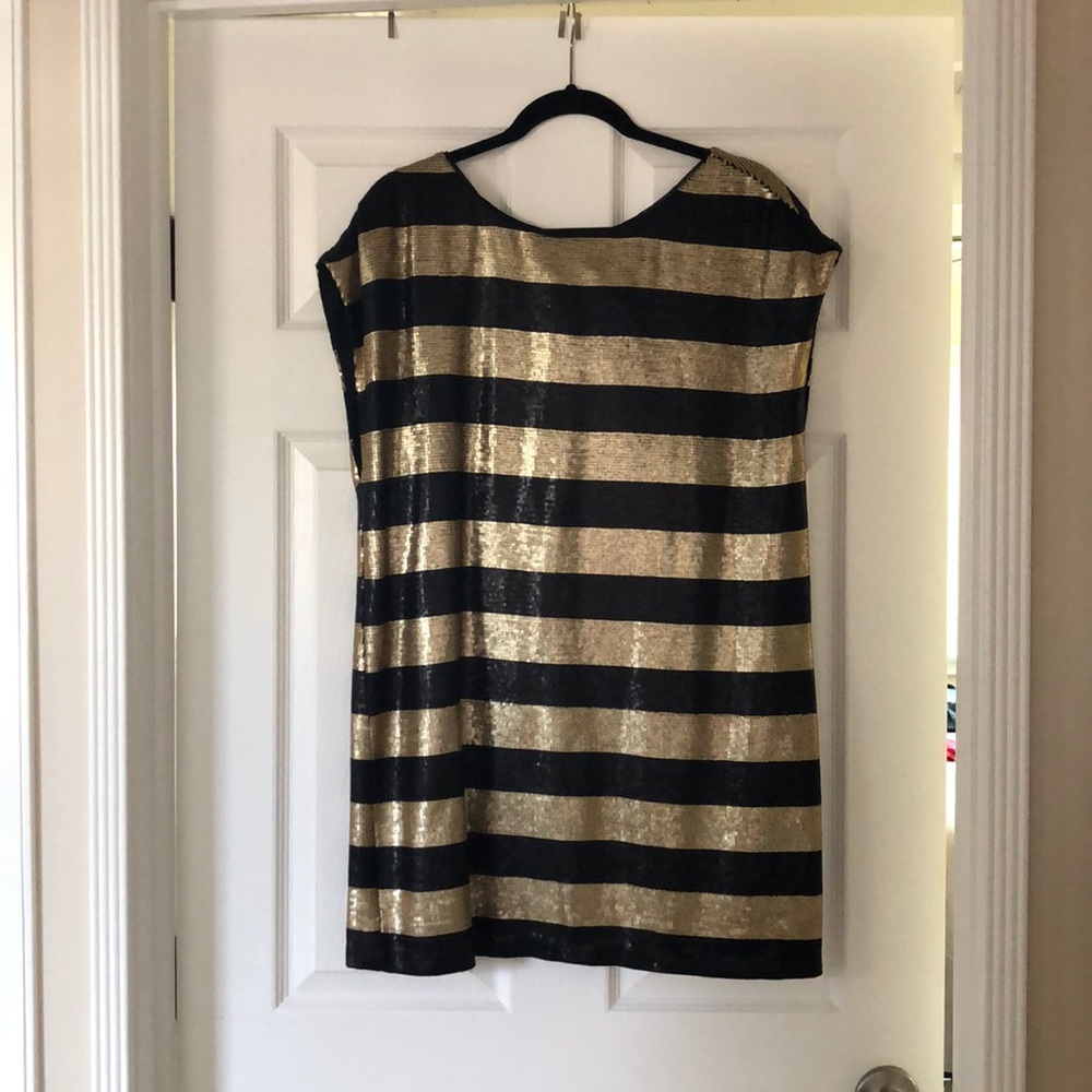 Black and gold striped sequined mini shift dress